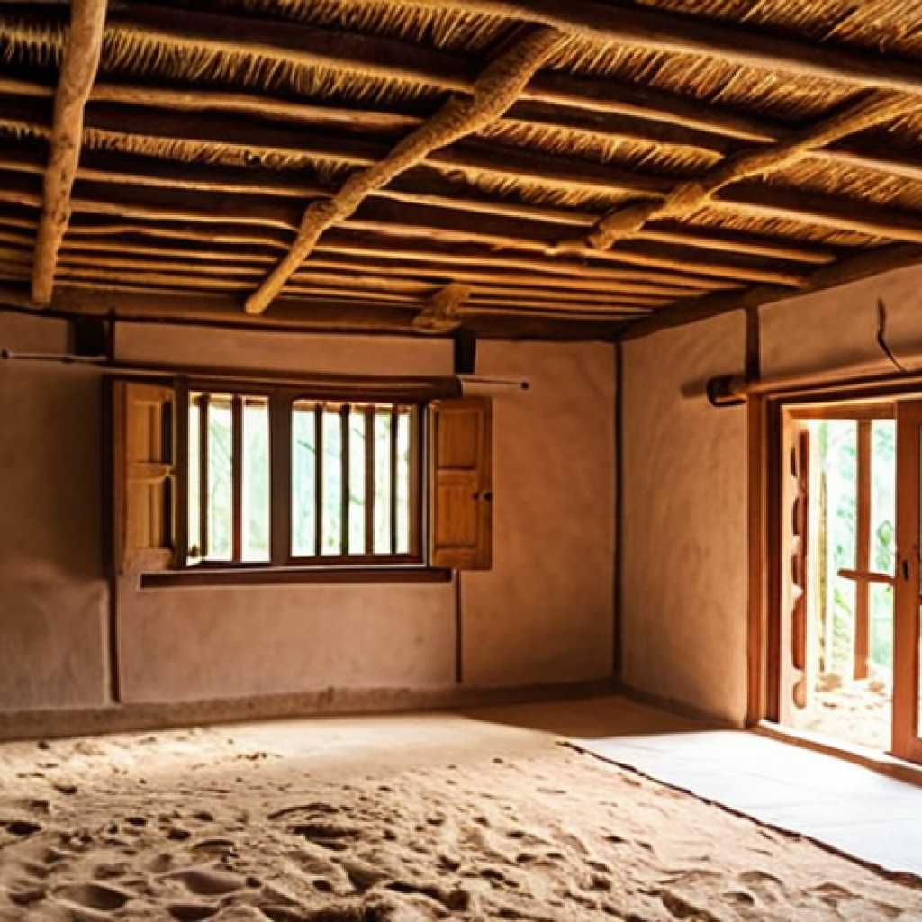 **Prompt 1: Natural Home Insulation**
    "An interior view of a traditional, sustainable South Asian home showcasing thick, textured mud-straw walls and visible wooden ceiling beams, indicating excellent natural thermal insulation. The ambiance is cozy and comfortable, with soft, diffused daylight highlighting the warmth in winter and coolness in summer, reflecting cost-effective energy saving."