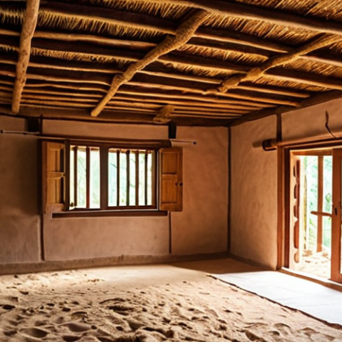 Home 7 **Prompt 1: Natural Home Insulation**
"An interior view of a traditional, sustainable South Asian home showcasing thick, textured mud-straw walls and visible wooden ceiling beams, indicating excellent natural thermal insulation. The ambiance is cozy and comfortable, with soft, diffused daylight highlighting the warmth in winter and coolness in summer, reflecting cost-effective energy saving."