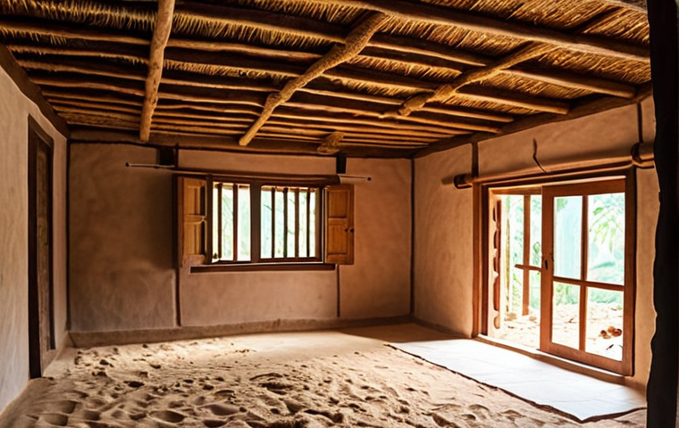 **Prompt 1: Natural Home Insulation**
"An interior view of a traditional, sustainable South Asian home showcasing thick, textured mud-straw walls and visible wooden ceiling beams, indicating excellent natural thermal insulation. The ambiance is cozy and comfortable, with soft, diffused daylight highlighting the warmth in winter and coolness in summer, reflecting cost-effective energy saving."