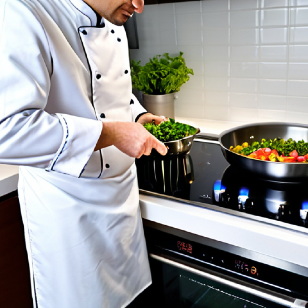 Induction Cooker**

A professional chef demonstrates an induction cooker in a modern, well-lit kitchen, fully clothed in chef's whites, appropriate attire, cooking vegetables in a stainless steel pan. The background shows a clean countertop and organized kitchenware. Safe for work, perfect anatomy, natural proportions, professional food photography, high quality, family-friendly.

**