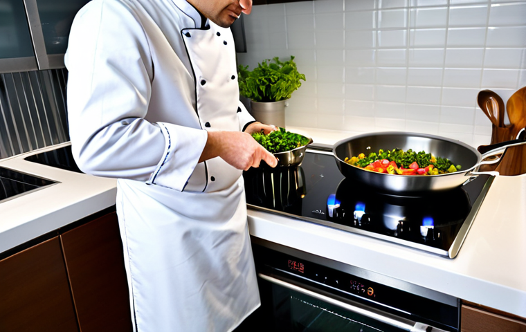 Induction Cooker**

A professional chef demonstrates an induction cooker in a modern, well-lit kitchen, fully clothed in chef's whites, appropriate attire, cooking vegetables in a stainless steel pan. The background shows a clean countertop and organized kitchenware. Safe for work, perfect anatomy, natural proportions, professional food photography, high quality, family-friendly.

**