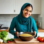 Home 19 에너지 절약을 위한 조리법 워크숍 - **Prompt 1: Efficient Kitchen Prep for Energy Saving**
A cheerful South Asian woman in her late ...