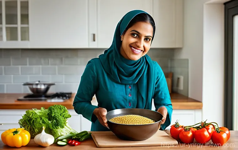 에너지 절약을 위한 조리법 워크숍 - **Prompt 1: Efficient Kitchen Prep for Energy Saving**
    A cheerful South Asian woman in her late ...