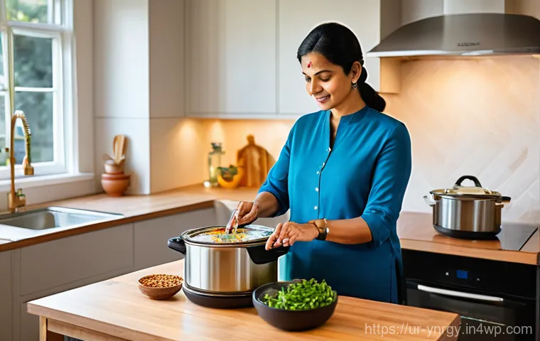 에너지 절약을 위한 조리법 워크숍 - **Prompt 1: Efficient Kitchen Prep for Energy Saving**
    A cheerful South Asian woman in her late ...