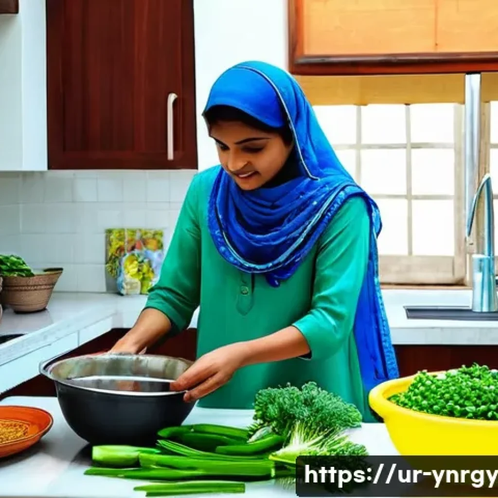 싱크대 사용을 줄여 에너지 절약하기 - **Water-Wise Kitchen Practices in a Pakistani Home**
    "A brightly lit, clean, and organized kitch...
