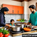 Home 16 조리 과정에서 에너지를 절약하는 법 - A warm, inviting modern Pakistani kitchen scene featuring a family cooking together using stainless ...