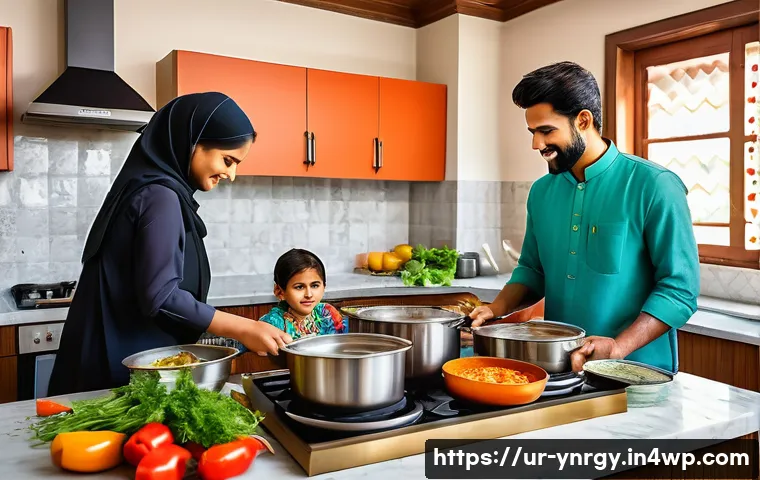 조리 과정에서 에너지를 절약하는 법 - A warm, inviting modern Pakistani kitchen scene featuring a family cooking together using stainless ...