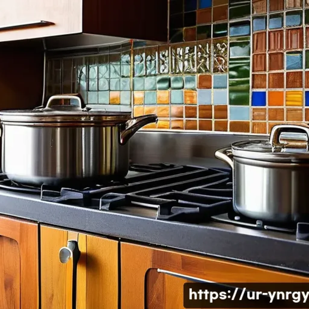 에너지 절약을 위한 요리 경험 공유 - A modern Pakistani kitchen scene featuring an induction stove with stainless steel and aluminum pots...