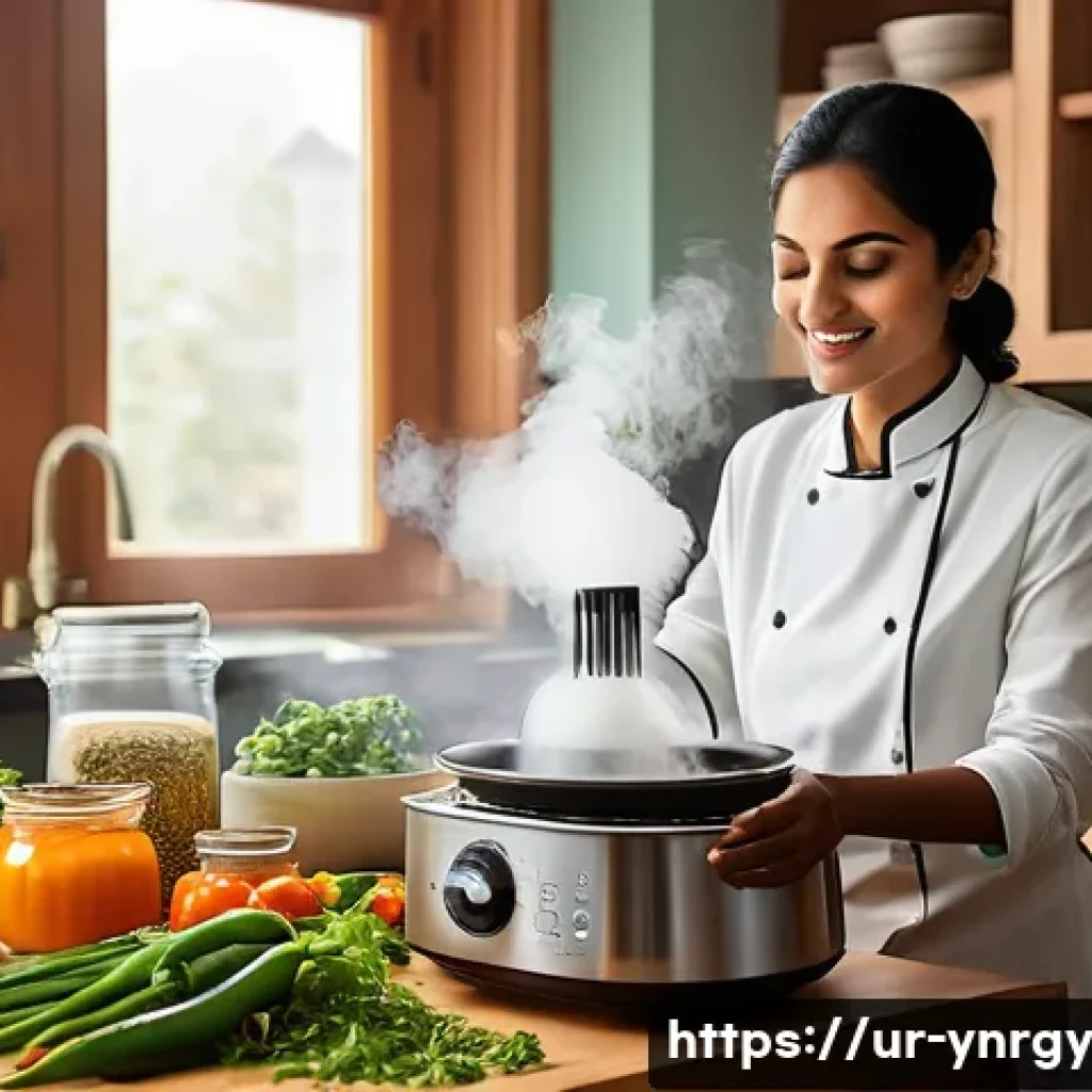 에너지 절약을 위한 스팀 조리법 - A modern kitchen scene featuring a South Asian woman in modest attire cooking with a sleek electric ...