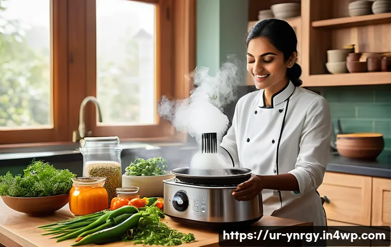 에너지 절약을 위한 스팀 조리법 - A modern kitchen scene featuring a South Asian woman in modest attire cooking with a sleek electric ...