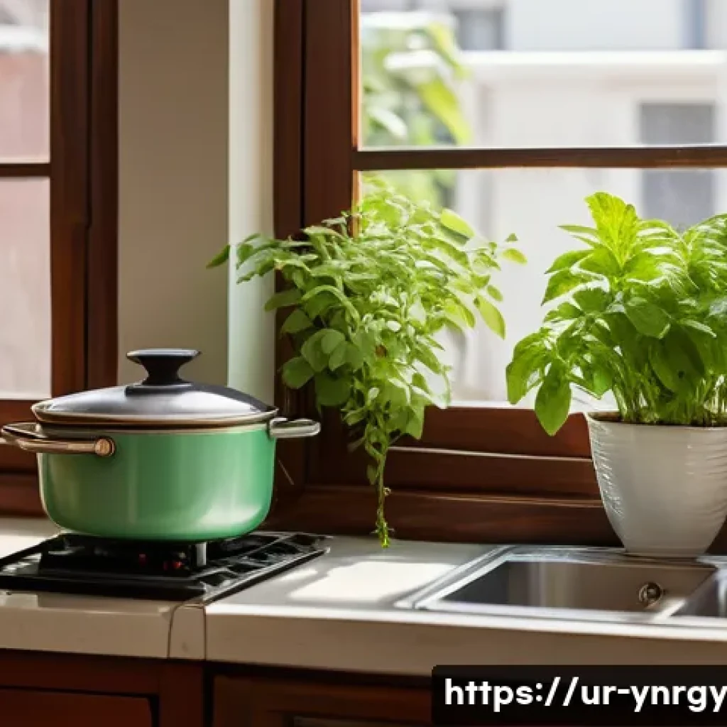 조리 시 발생하는 가스를 줄이는 방법 - A bright, modern Pakistani kitchen with open windows showing lush green mint and tulsi plants on the...