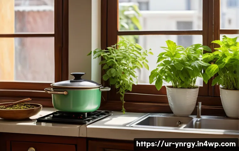 조리 시 발생하는 가스를 줄이는 방법 - A bright, modern Pakistani kitchen with open windows showing lush green mint and tulsi plants on the...