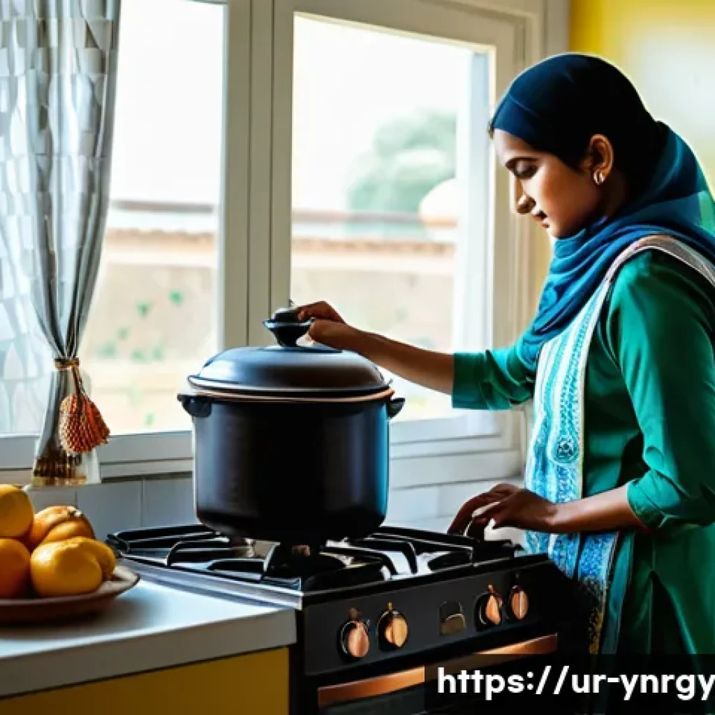 가정에서 쉽게 시도하는 에너지 절약 조리법 - A modern Pakistani kitchen scene showcasing energy-efficient cooking practices: a woman wearing mode...