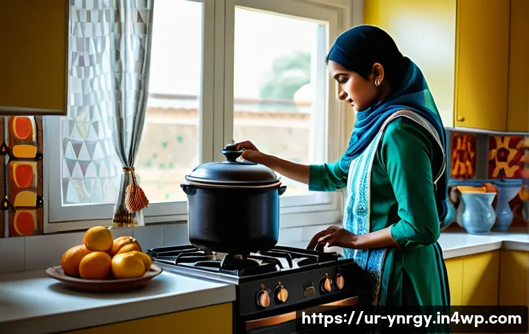 가정에서 쉽게 시도하는 에너지 절약 조리법 - A modern Pakistani kitchen scene showcasing energy-efficient cooking practices: a woman wearing mode...