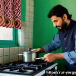 조리 시 에너지 절약을 위한 초보자 팁 - A modern kitchen scene in a typical Pakistani home, featuring a traditional gas stove with medium fl...