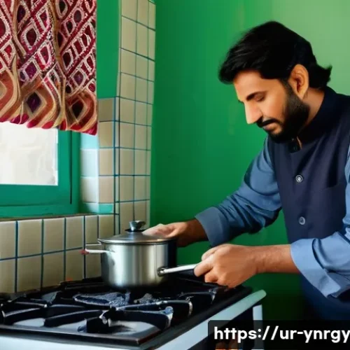 조리 시 에너지 절약을 위한 초보자 팁 - A modern kitchen scene in a typical Pakistani home, featuring a traditional gas stove with medium fl...