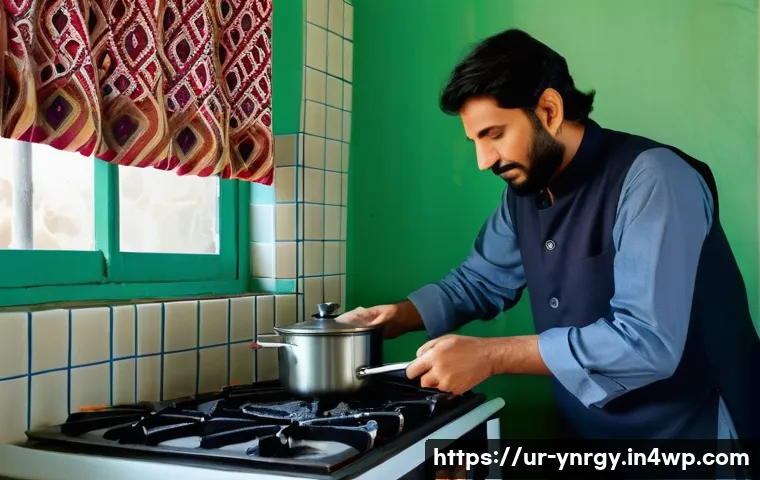 조리 시 에너지 절약을 위한 초보자 팁 - A modern kitchen scene in a typical Pakistani home, featuring a traditional gas stove with medium fl...