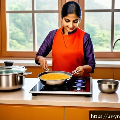 에너지 절약과 건강을 고려한 조리법 - A modern South Asian kitchen scene featuring a sleek induction cooktop in use, with traditional stai...