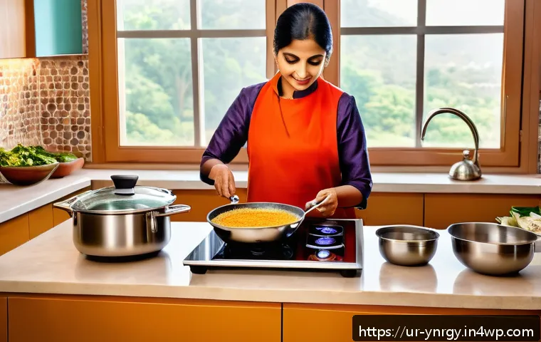 에너지 절약과 건강을 고려한 조리법 - A modern South Asian kitchen scene featuring a sleek induction cooktop in use, with traditional stai...