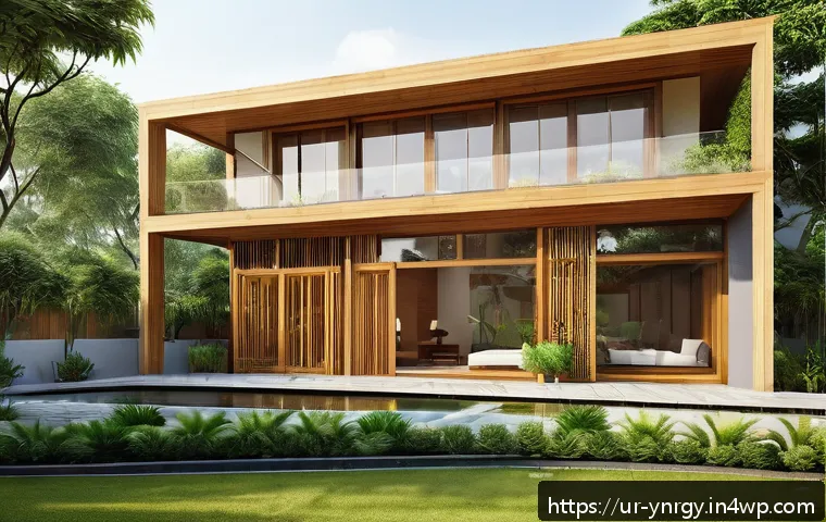에너지 절약을 위한 재료 보관 방법 - A modern, eco-friendly home exterior in a South Asian urban setting featuring bamboo-framed windows ...