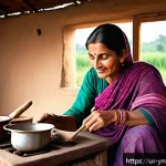 에너지 절약을 위한 유기농 재료 활용하기 - A cozy Pakistani village kitchen scene featuring a middle-aged woman cooking on a biogas stove, surr...
