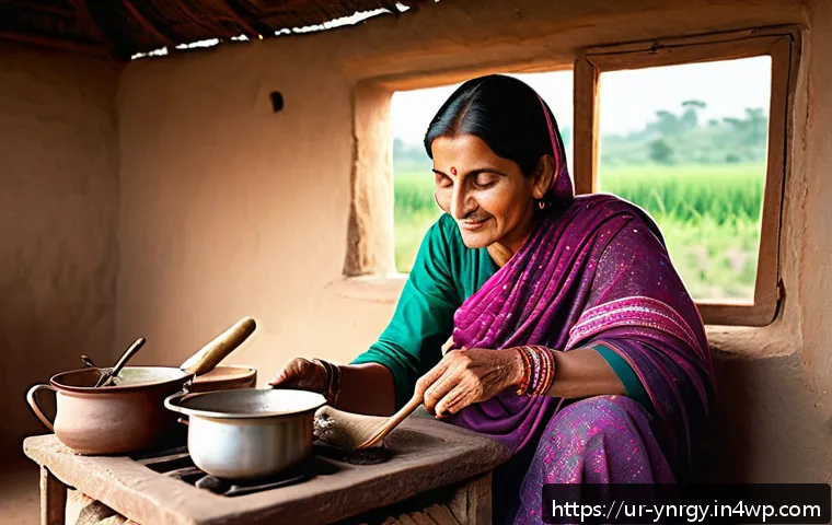 에너지 절약을 위한 유기농 재료 활용하기 - A cozy Pakistani village kitchen scene featuring a middle-aged woman cooking on a biogas stove, surr...