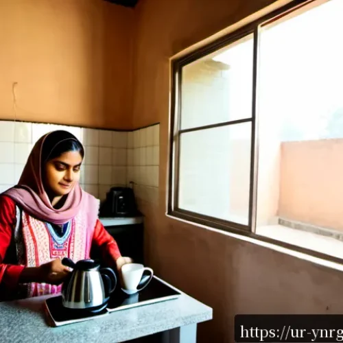 Home 17 소형 가전으로 에너지 효율 높이는 법 - Photorealistic Pakistani home kitchen in Lahore, a woman in modest shalwar kameez preparing tea with...
