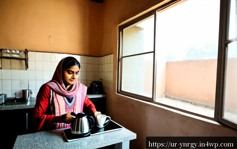 소형 가전으로 에너지 효율 높이는 법 - Photorealistic Pakistani home kitchen in Lahore, a woman in modest shalwar kameez preparing tea with...