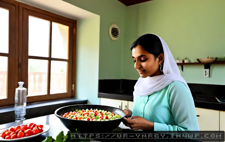 Home 13 에너지 절약을 위한 여름철 조리법 - Photorealistic summer energy-saving meal preparation in a bright Pakistani home kitchen, a woman in ...