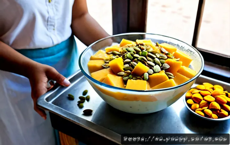 Home 15 에너지 절약을 위한 디저트 조리법 - Photorealistic Pakistani home kitchen, a woman in modest everyday clothing preparing chilled mango y...