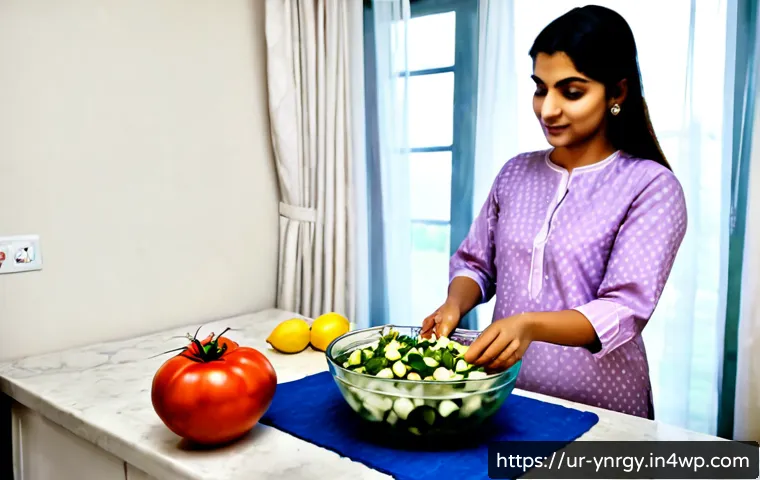 Home 17 계절별 에너지 절약 요리법 - Photorealistic summer energy-saving cooking scene in a Pakistani home kitchen, a woman in modest sha...